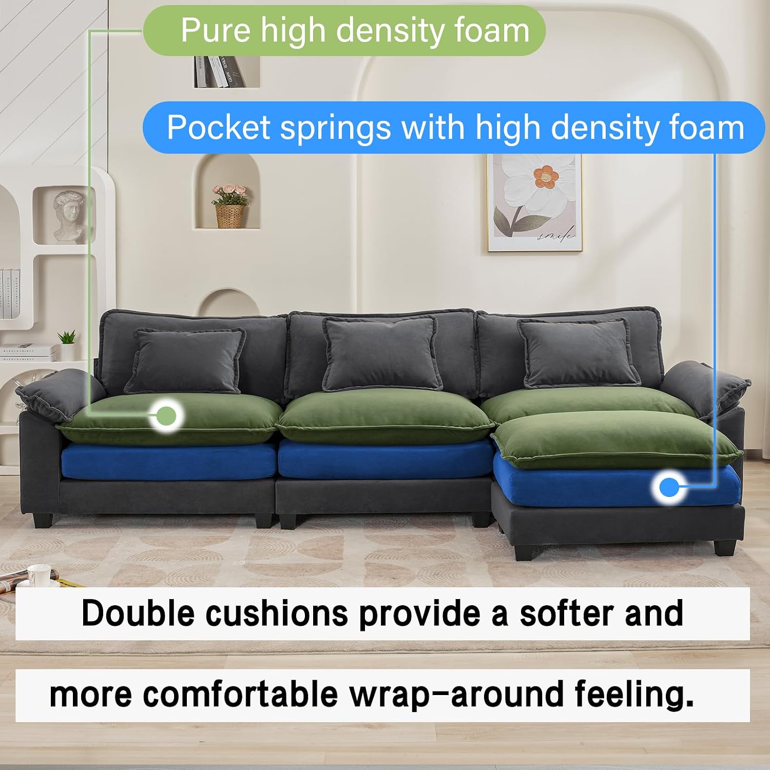 Oprisen 120' Modular Sectional Sofa, Comfy Cloud Couch Sectional Sofa with Ottoman, Velvet Sofa Sleeper Deep Seat Sofa with Throw Pillows for Living Room (Blue Gray, 120'- L Shape)