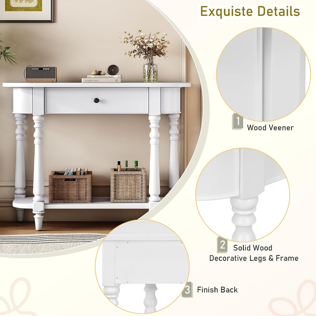 Small Curved Console Table 36-Inch Retro Farmhouse Wood Entry Sofa Table with Drawer & Storage Shelf for Living Room Hallway Entryway Furniture, White