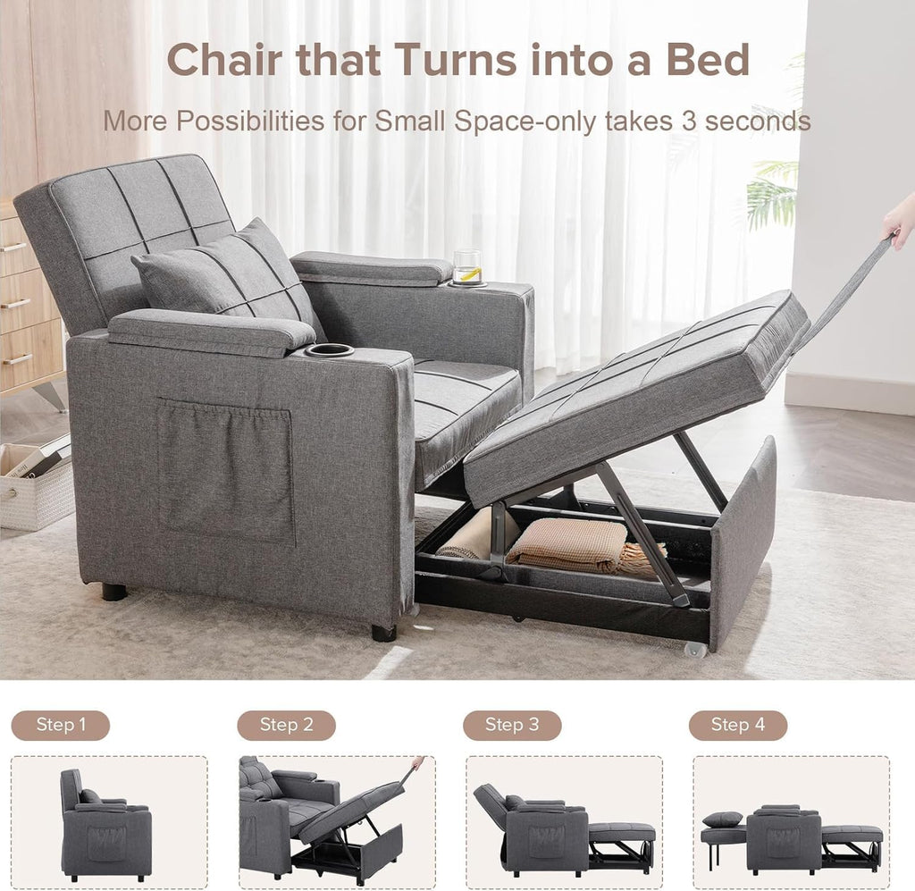 COMHOMA Sleeper Chair Bed,Convertible Sofa Bed Armchair with Cup Holders,3-in-1 Futon Bed Chair with Side Pocket Pull Out Sofa Bed Couch for Living Room,Bedroom (Grey)