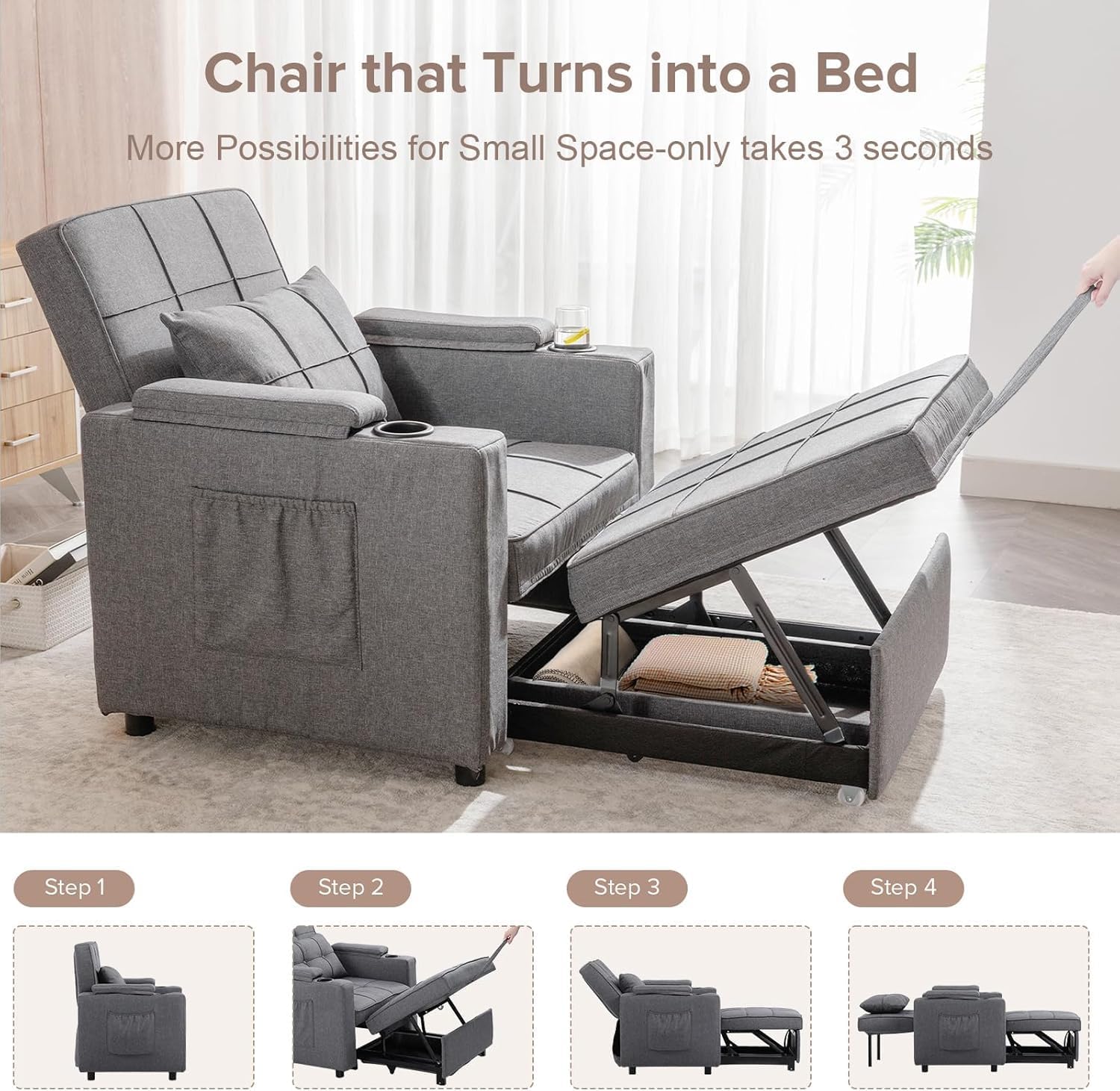 COMHOMA Sleeper Chair Bed,Convertible Sofa Bed Armchair with Cup Holders,3-in-1 Futon Bed Chair with Side Pocket Pull Out Sofa Bed Couch for Living Room,Bedroom (Grey)