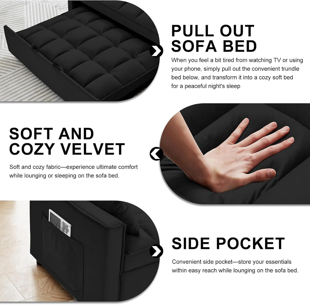 3 in 1 Convertible Sleeper Sofa Bed, 55' Pull Out Couches, Modern Loveseat Sleeper Sofa with Adjustable Reclining Backrest & Side Pockets for Living Room, Velvet Fabric, Classic Black