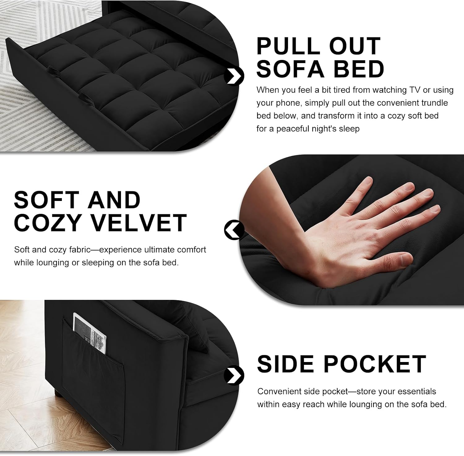 3 in 1 Convertible Sleeper Sofa Bed, 55' Pull Out Couches, Modern Loveseat Sleeper Sofa with Adjustable Reclining Backrest & Side Pockets for Living Room, Velvet Fabric, Classic Black