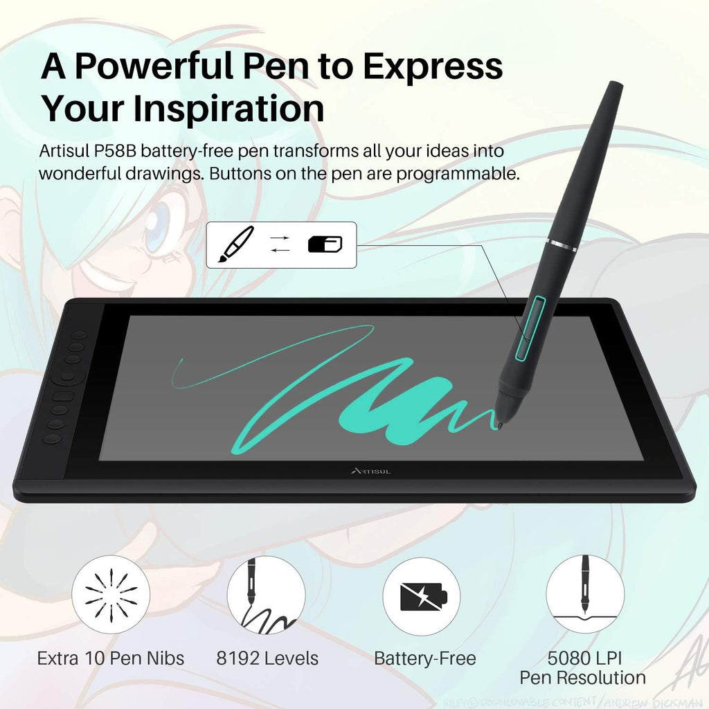 Artisul D16 15.6 Inch Drawing Tablet with Screen IPS Graphics Drawing Monitor Full Laminated Pen Display Battery-Free Stylus 8192 Levels Pressure Sensitive 7 Shortcut Keys A Dial for Windows, Mac