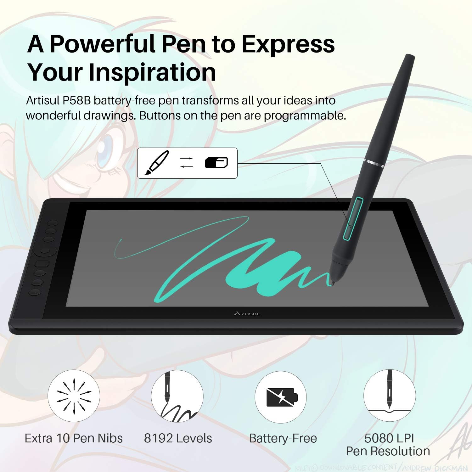 Artisul D16 15.6 Inch Drawing Tablet with Screen IPS Graphics Drawing Monitor Full Laminated Pen Display Battery-Free Stylus 8192 Levels Pressure Sensitive 7 Shortcut Keys A Dial for Windows, Mac
