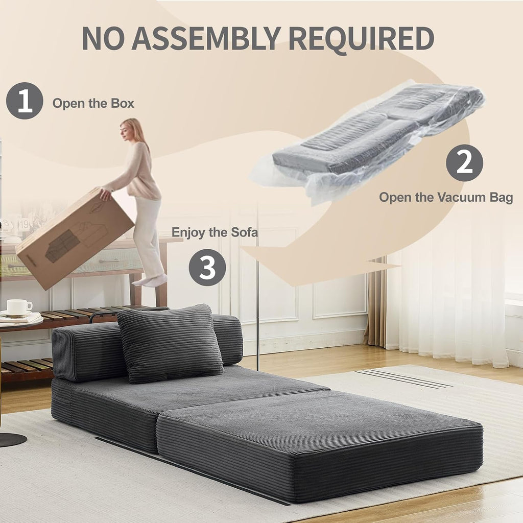 Folding Sofa Bed, Convertible Sleeper Chair with Pillow, Single Sofa with Back Support, Portable Fold Out Chair Cloud Couch Bed, Comfy Floor Sofa Lounge for Living Room Bedroom, Dark Grey