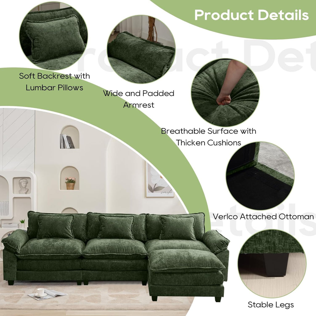 Oprisen 120' Modular Sectional Sofa, Comfy Cloud Couch Sectional Sofa with Ottoman, Chenille Sofa Sleeper Deep Seat Sofa with Throw Pillows for Living Room (Green, 120'- L Shape)
