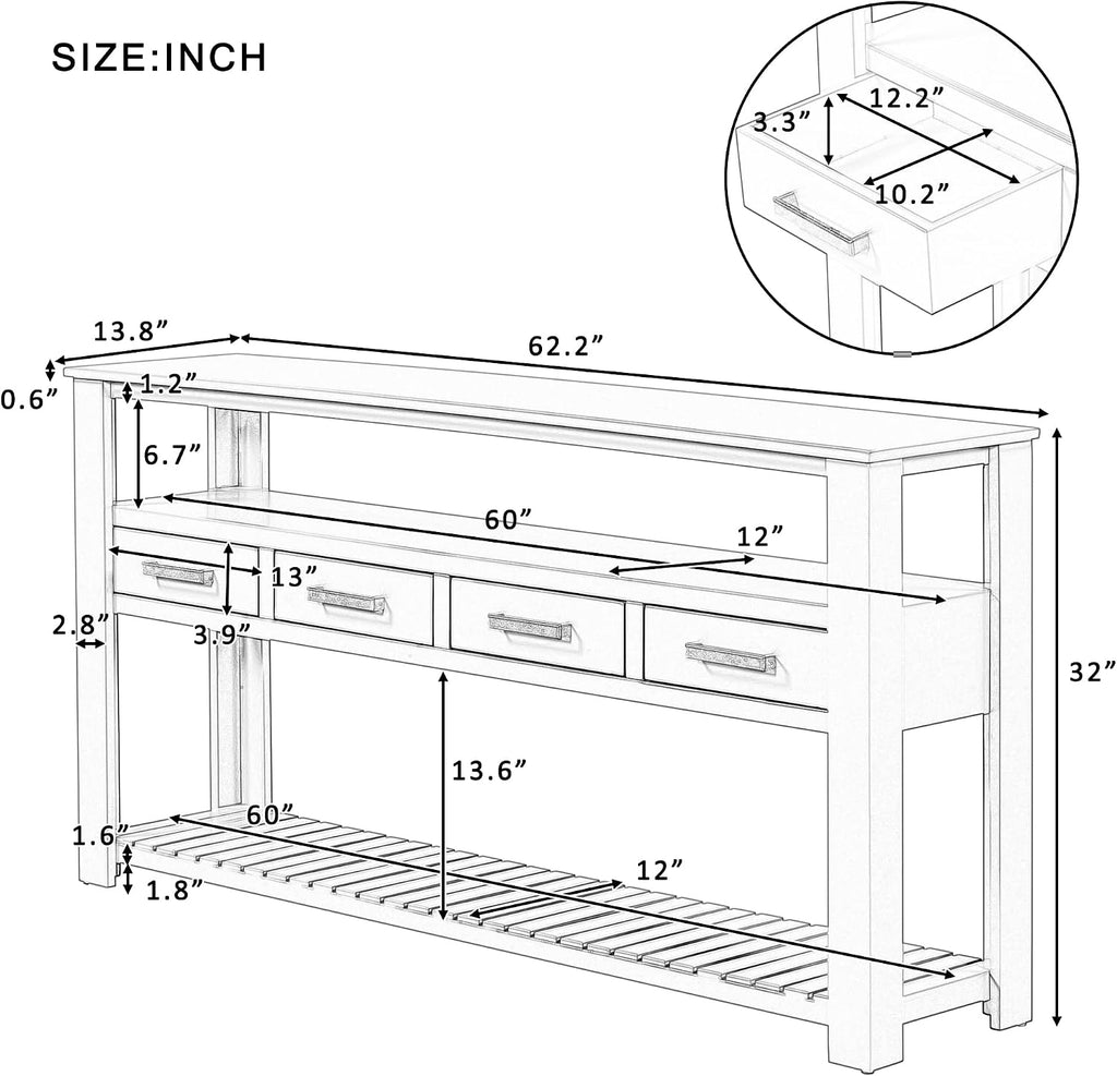 62 in Blue Console Table with 4 Drawers and 3-Tier Storage Shelves, Wood Modern Sofa Table Entryway Table Side Table for Entry Way, Hallway, Couch, Living Room, Kitchen, Foyer
