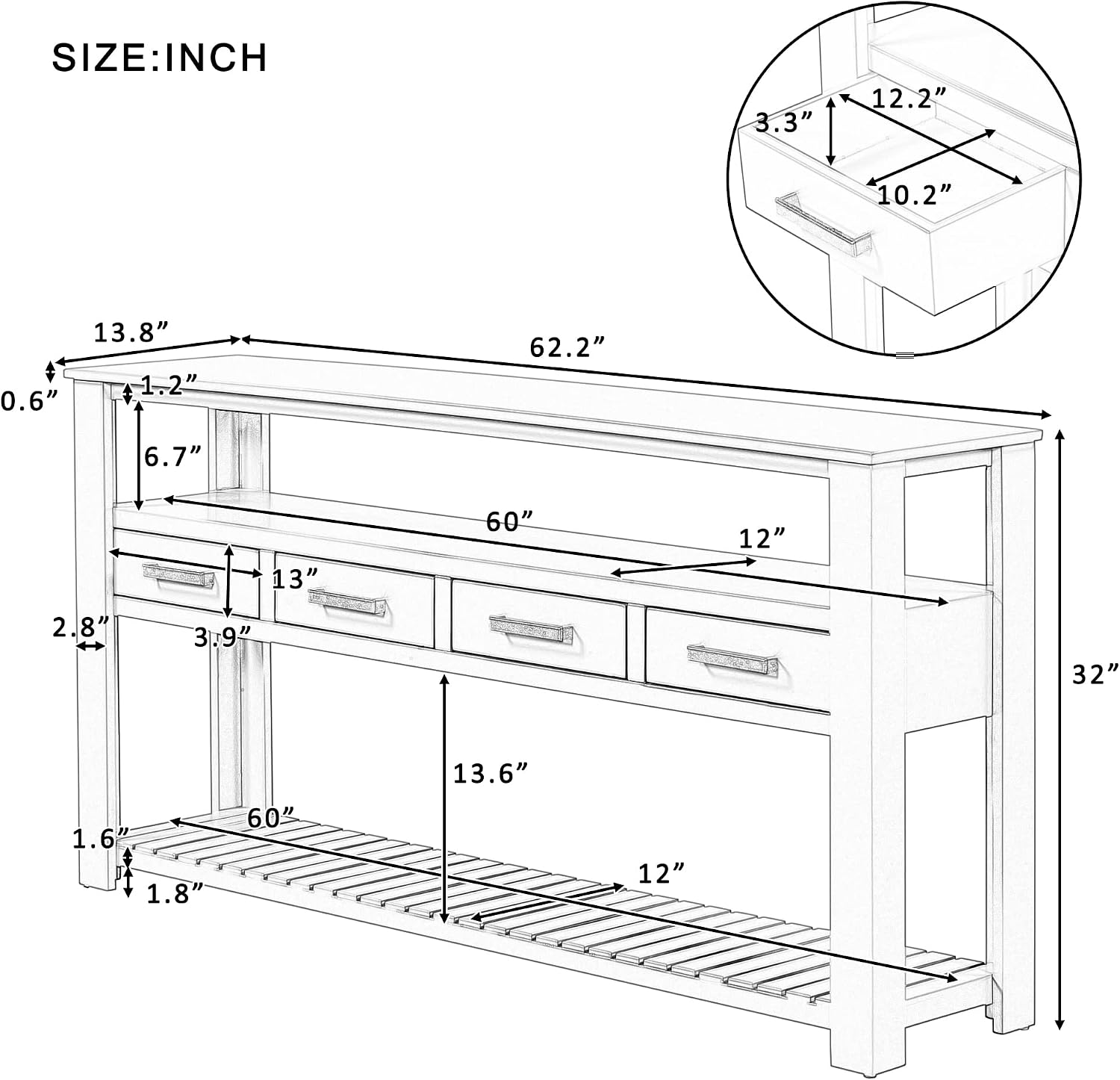 62 in White Console Table with 4 Drawers and 3-Tier Storage Shelves, Wood Modern Sofa Table Entryway Table Side Table for Entry Way, Hallway, Couch, Living Room, Kitchen, Foyer
