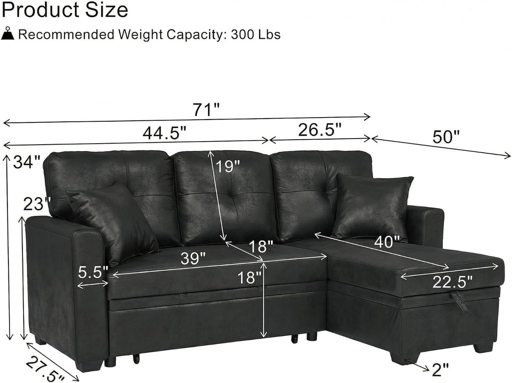L Shaped Sectional Couch with Storage and Pull Out Bed, 3 Seater Sleeper Sofas Convertible Couches with Reversible Chaise for Living Room, Space Saving Small Sofa Bed for Small Spaces