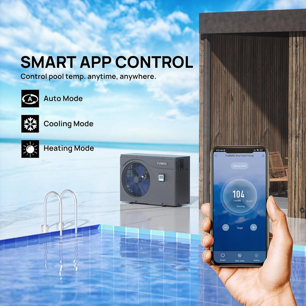 TURBRO 75,000 BTU Swimming Pool Heat Pump, Up to 21,000 Gallons, Inverter Electric Pool Heater for in and Above-Ground Pools, WiFi Enabled, 16.20 COP, 220-240 V, IPX4-Waterproof, Beluga B75V