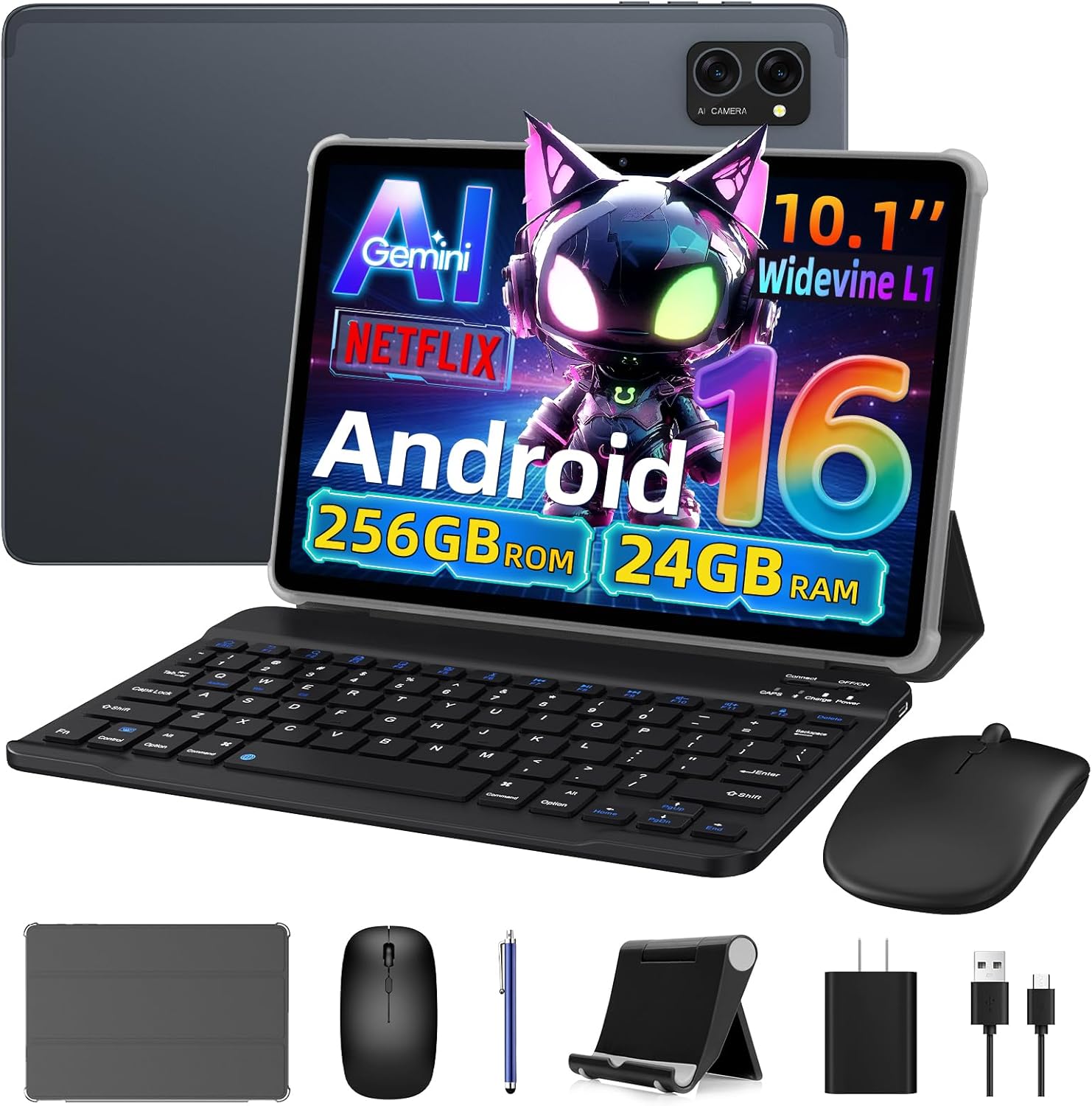 Android 16 Tablet 2026, Android Tablet with Pen and Keyboard, Gemini Ai, 24GB +256GB/2TB, 8MP AI Camera, Widevine L1, Fast Charge, 2 in 1 with Mouse and Stand, 4 Year Warranty