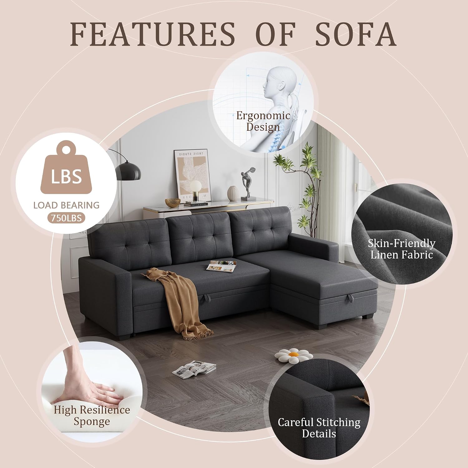 82' L-Shape Convertible Sleeper Sectional Sofa with Storage Chaise and Pull-Out Bed,Modular Corner Couch Lounge,w/Removable 3 Back Cushions and Armrest,for Home Furniture,Dark Gray