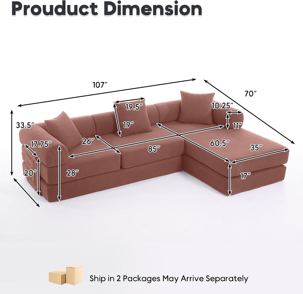 Modular L Shaped Sofa Bed with Cylindrical Pillow & Reversible Chaise, Corduroy Convertible Floor Boneless Sofa Couch Bed with Fixed-Shape Frame & Storage Pocket for Living Room, Pink