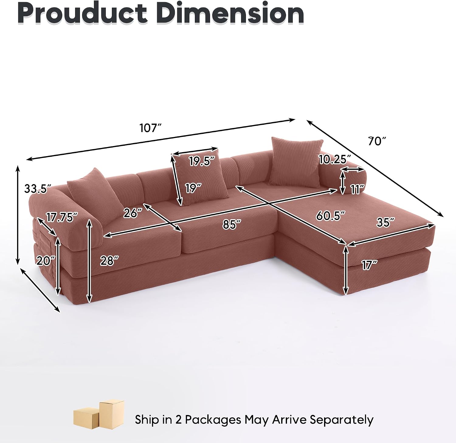 Modular L Shaped Sofa Bed with Cylindrical Pillow & Reversible Chaise, Corduroy Convertible Floor Boneless Sofa Couch Bed with Fixed-Shape Frame & Storage Pocket for Living Room, Pink
