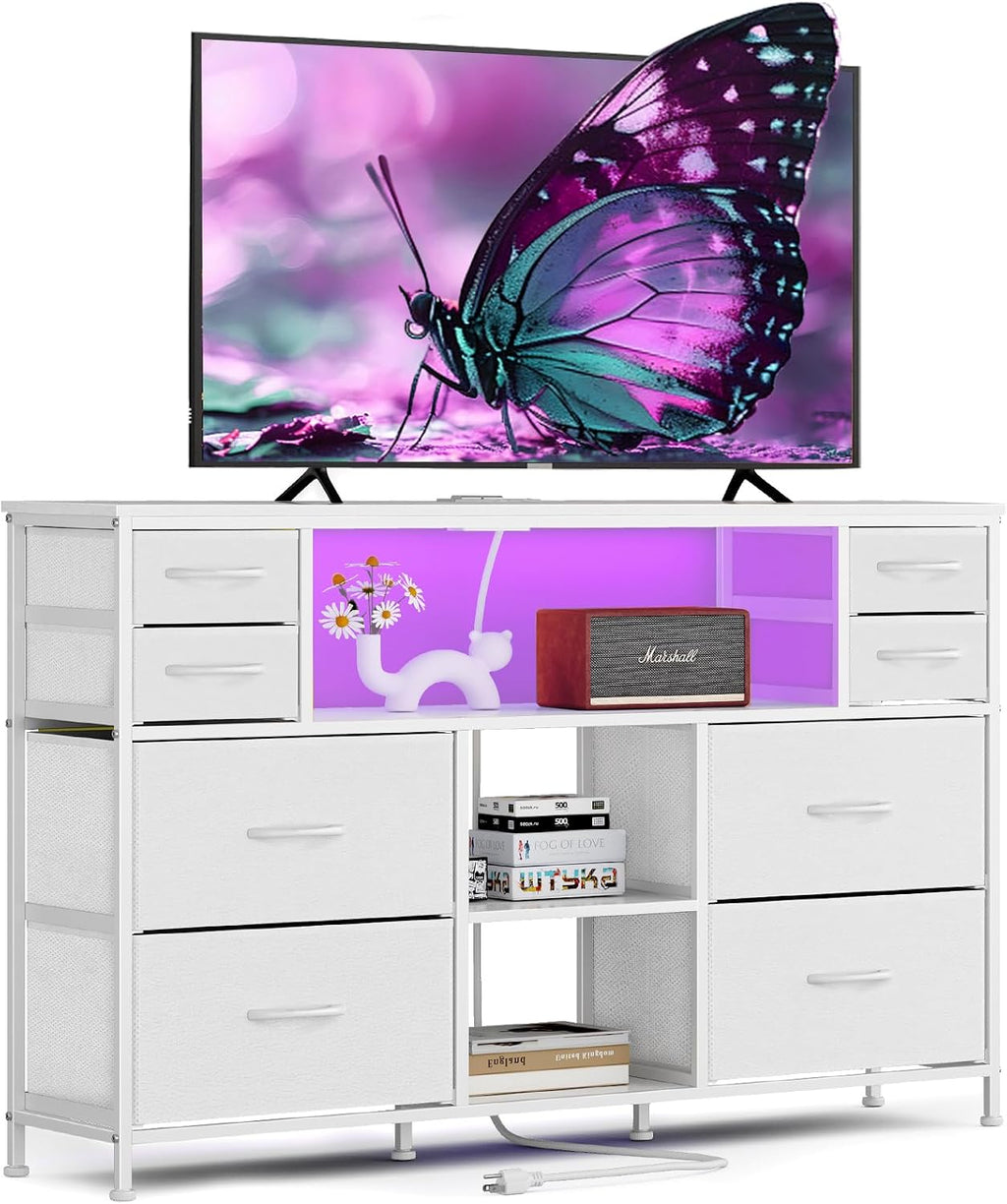 TV Stand Dresser Drawer for Bedroom - TV Stands for 45, 50, 55 inch TV - Entertainment Center Dressers with Charging Station, Drawers Dresser with Storage for Living Room, Nursery, Entryway - White