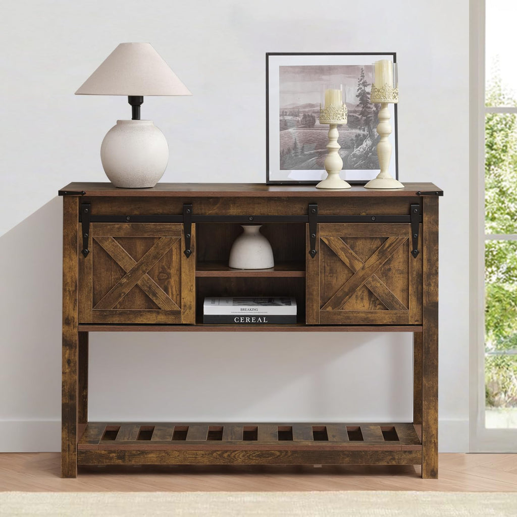 Farmhouse Entryway Table Set of 3, Console Table with Storage and 2 End Tables, Rustic Sofa Table Set for Living Room, Hallway, Bedroom, Brown