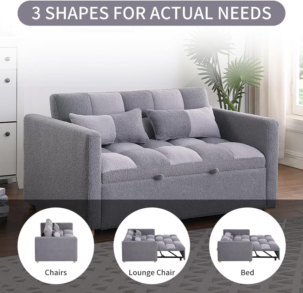 Loveseat Sleeper Sofa- 3 in 1 Convertible Sofa Bed,Pull Out Couch with Adjustable Backrest,Multi-Functional Lounge Chair with Teddy Fabric for Living Room,Small Space (Grey)