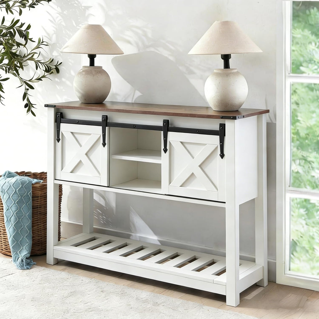 White Farmhouse Entryway Table, Rustic Hallway Table with Storage Shelf, Sofa Table with Sliding Barn Doors for Hallway, Entryway, Living Room, Foyer