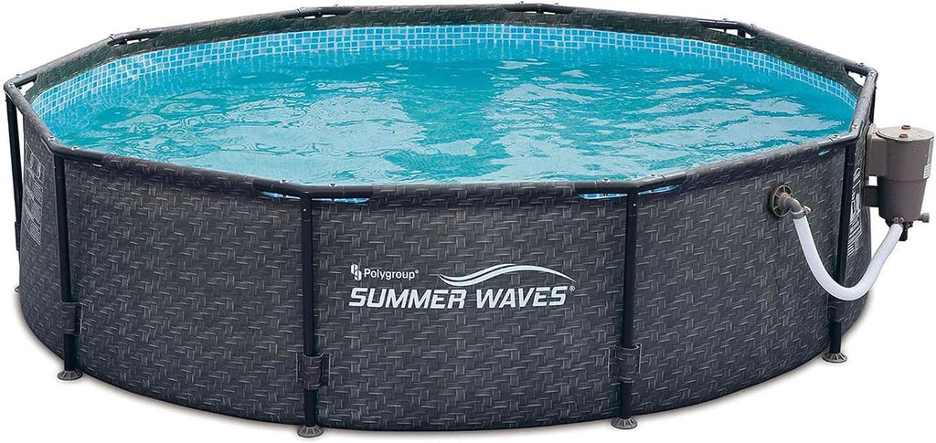 Summer Waves P20010301 Active 10ft x 30in Outdoor Round Frame Above Ground Swimming Pool Set with 120V Filter Pump with GFCI, Gray Wicker