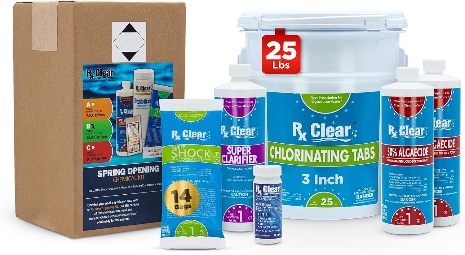 Rx Clear Pool Opening Chemical Maintenance Kit Plus for Above Ground or Inground Pools | for Pools Up to 15,000 Gallons | Includes Chlorine Tabs, Super Shock, 50% Algaecide, Clarifier and Test Strips