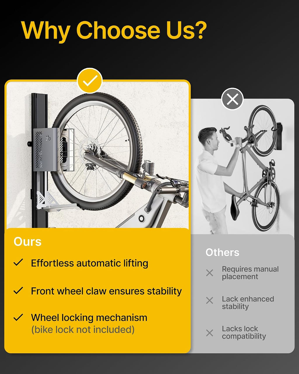 monTEK Automatic Lift Bike Rack – Fits 24-29' Tires, Heavy-Duty Vertical Wall Rack for Bicycles (Up to 71 lbs) - Effortless Lifting, Easy Install - Space-Saving Storage for Garage, Shed, BG