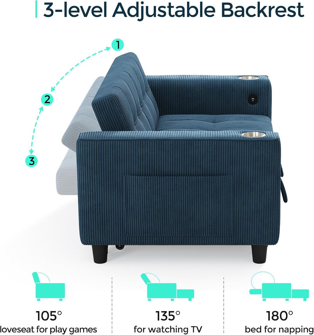 LINSY Sleeper Sofa Bed, 54' Pull Out Couch with Charging Station & Cup Holder, Small 3 in 1 Convertible Loveseat Sleeper Couch for Apartment, Dorm Room, Bedroom and Small Space, Corduroy Blue