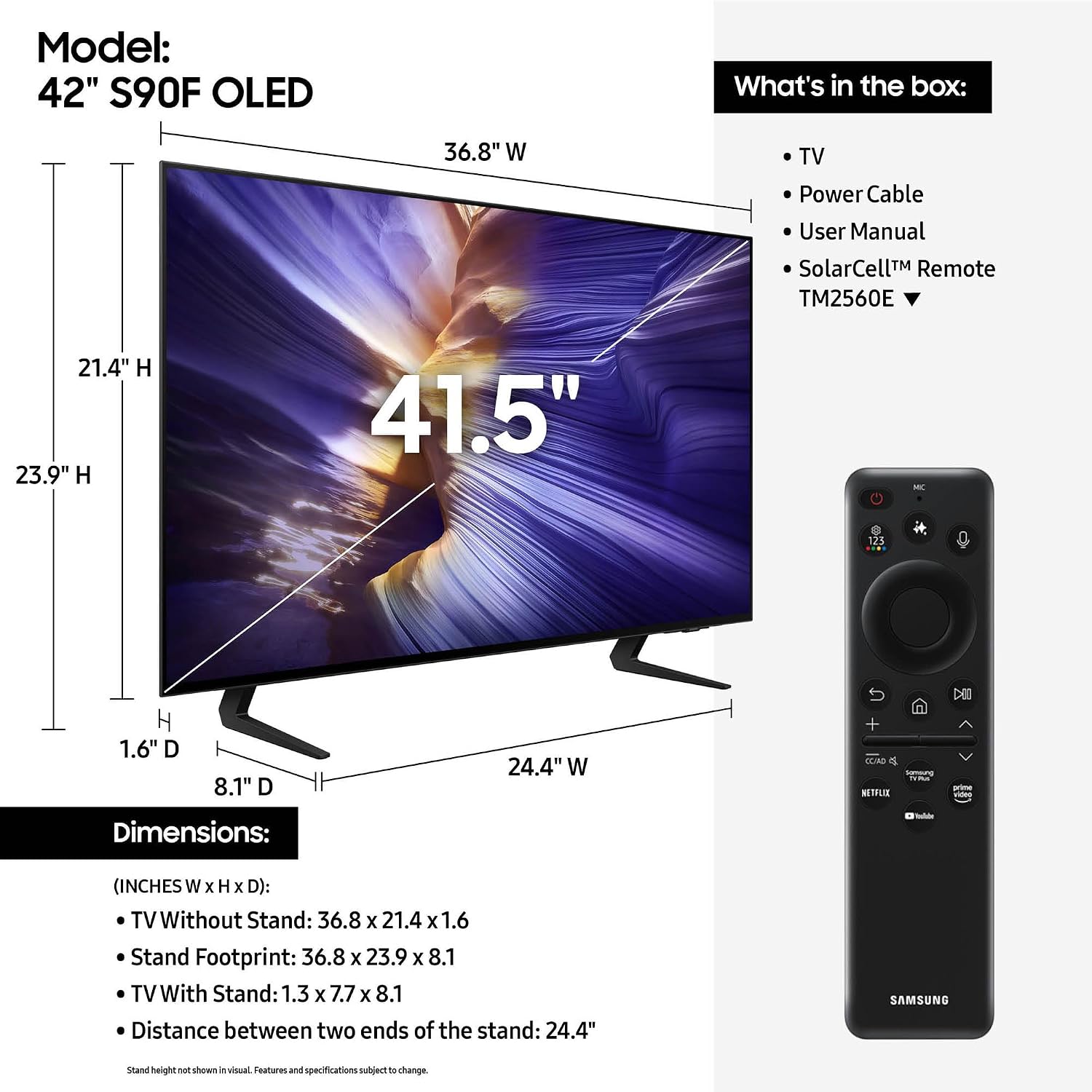 Samsung QN42S90FAEXZA 42 Inch 4K OLED Smart TV with a Walts TILT-EXTENSION-37-90 Tilt Mount for 37'-90' TVs and Amber Protection 3-Outlet-Surge Surge Protector (2025)