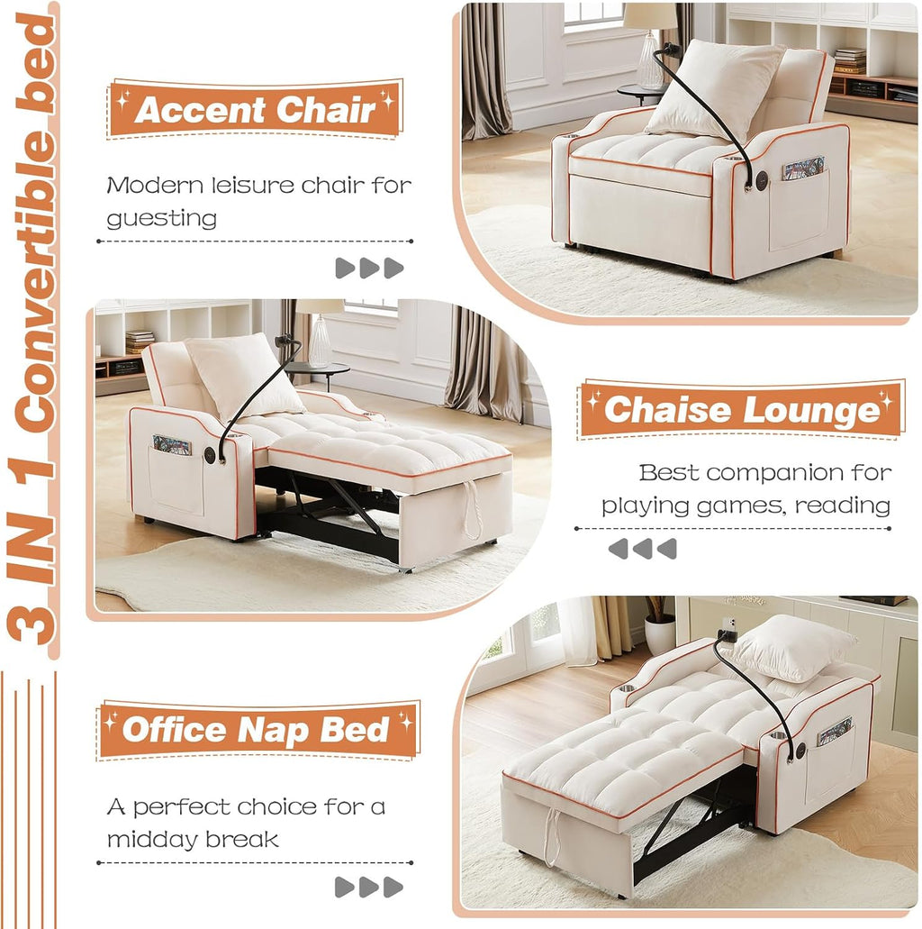 Antetek Sleeper Sofa Chair Bed with Charging Ports & Phone Holder & Cup Holder, Modern Velvet 3 in 1 Convertible Pull Out Single Sofa Chair Bed for Small Spaces Apartment, Beige