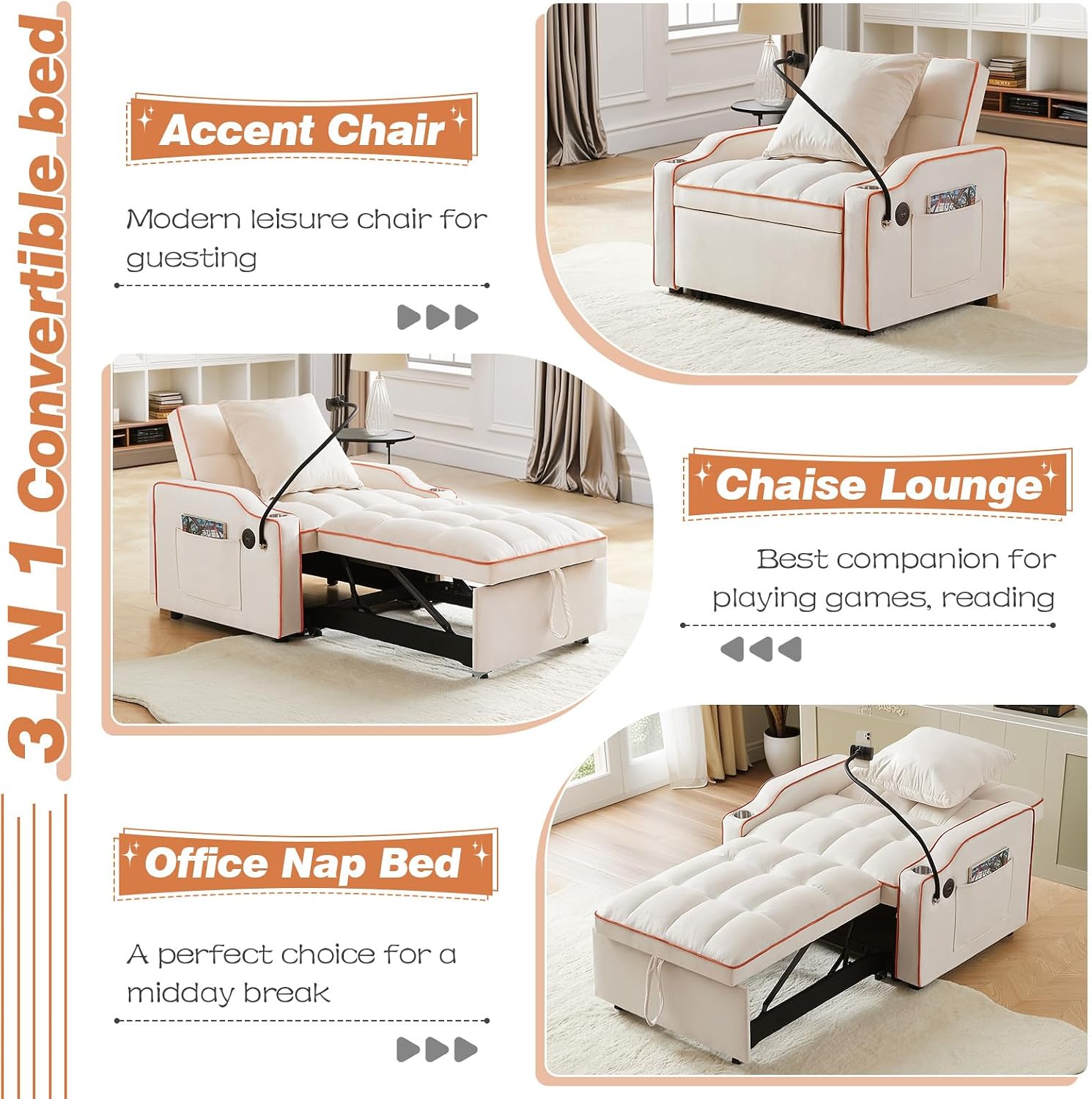 Antetek Sleeper Sofa Chair Bed with Charging Ports & Phone Holder & Cup Holder, Modern Velvet 3 in 1 Convertible Pull Out Single Sofa Chair Bed for Small Spaces Apartment, Beige