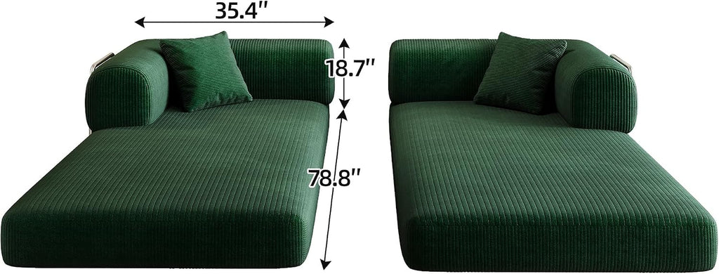 79' Convertible Sofa Bed, Corduroy Folding Pull Out Couch with Pillows, No Assembly Modern Boneless Couch Compression Sofa in Box, Floor Sofa with Support Rods for Living Room,Dark Green