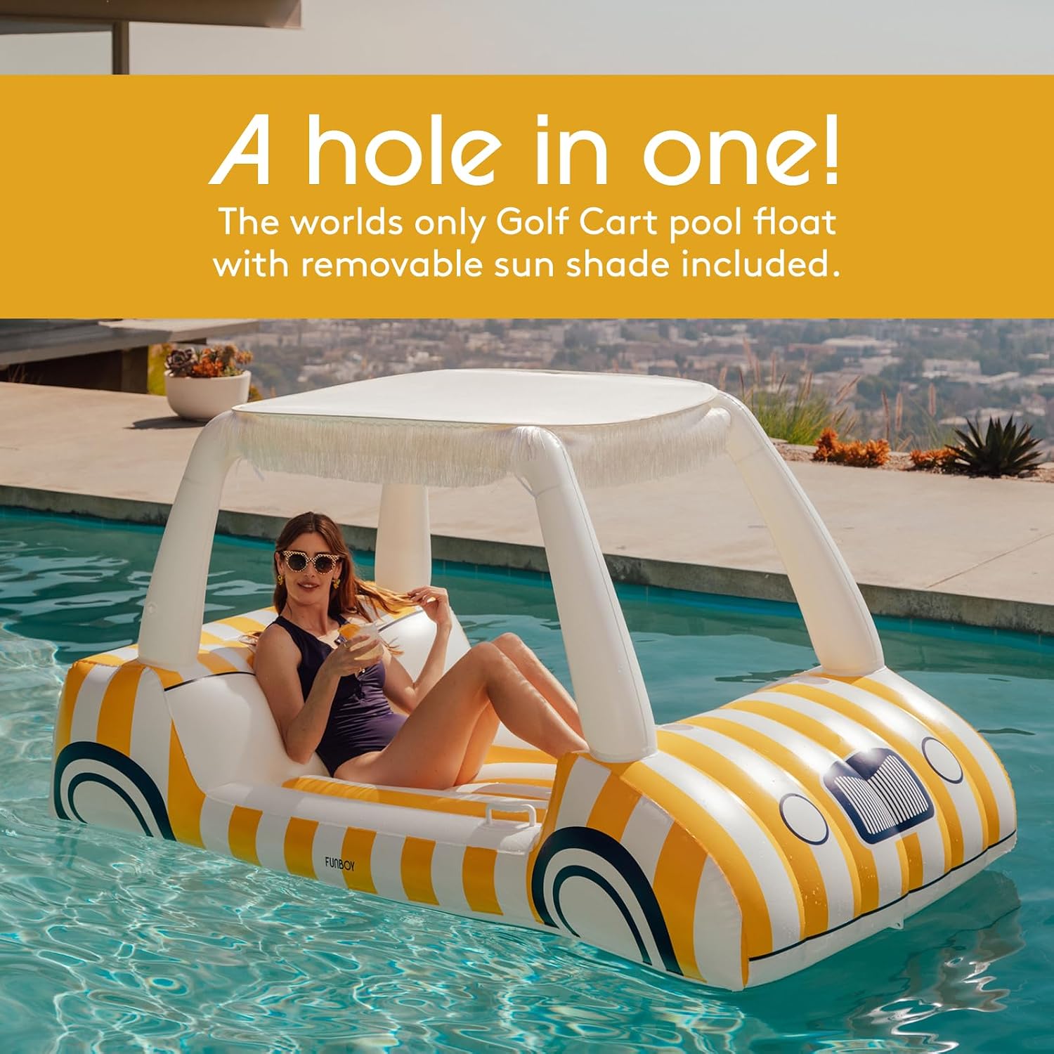 FUNBOY Yellow & White Cabana Striped Golf Cart Pool Float 90' Long, Two Cup Holders, Removable Fringe Shade, Float for Summer Pool Party and Entertainment