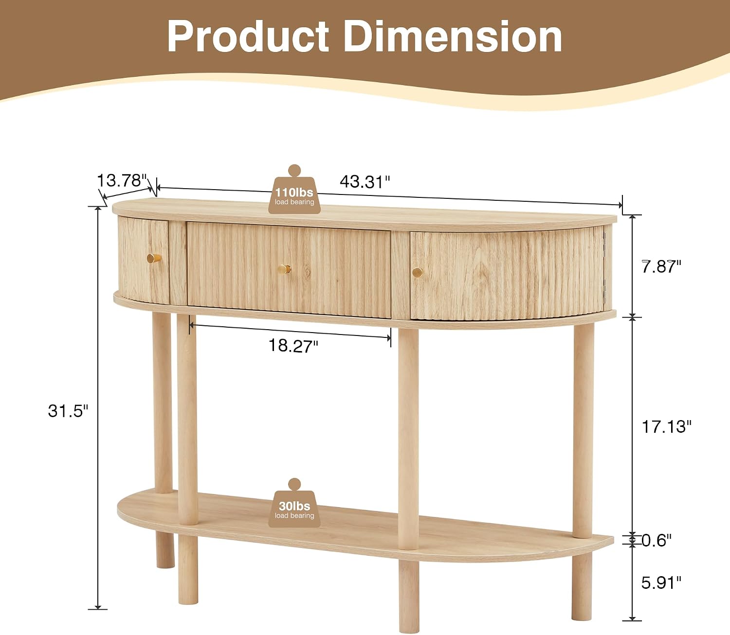 XUZENEST 43.3' Fluted Half Moon Console Table, Modern Entryway Console Sofa Table with Storage, Narrow Wood Accent Tables Behind Couch Tables for Living Room, Hallway, Foyer(Natural)