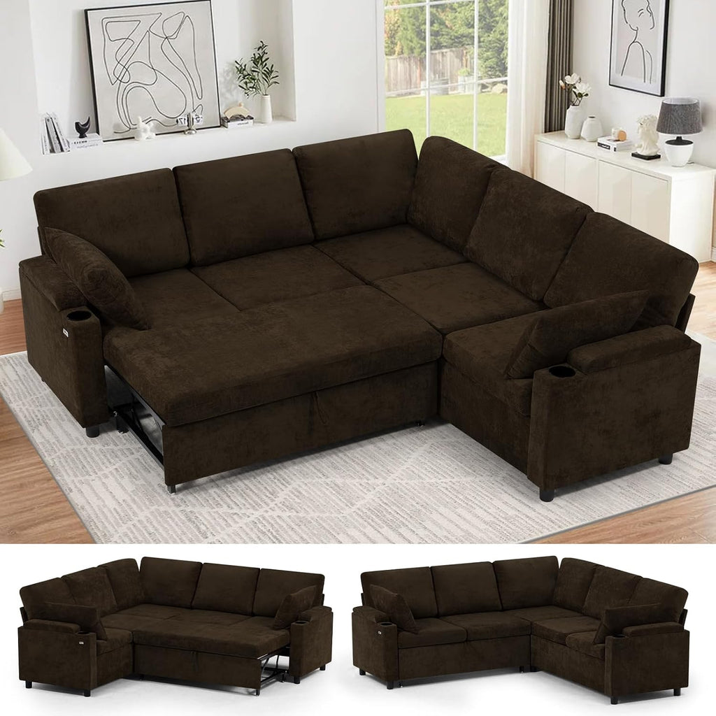 85' Chenille Reversible Sectional Sofa w/Pull-Out Bed, Upholstery L-Shaped Couch w/Storage Armrests & Cup Holders, Modern Corner Sofa w/USB Charging Port & Throw Pillow for Living Room, Brown