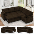 85' Chenille Reversible Sectional Sofa w/Pull-Out Bed, Upholstery L-Shaped Couch w/Storage Armrests & Cup Holders, Modern Corner Sofa w/USB Charging Port & Throw Pillow for Living Room, Brown
