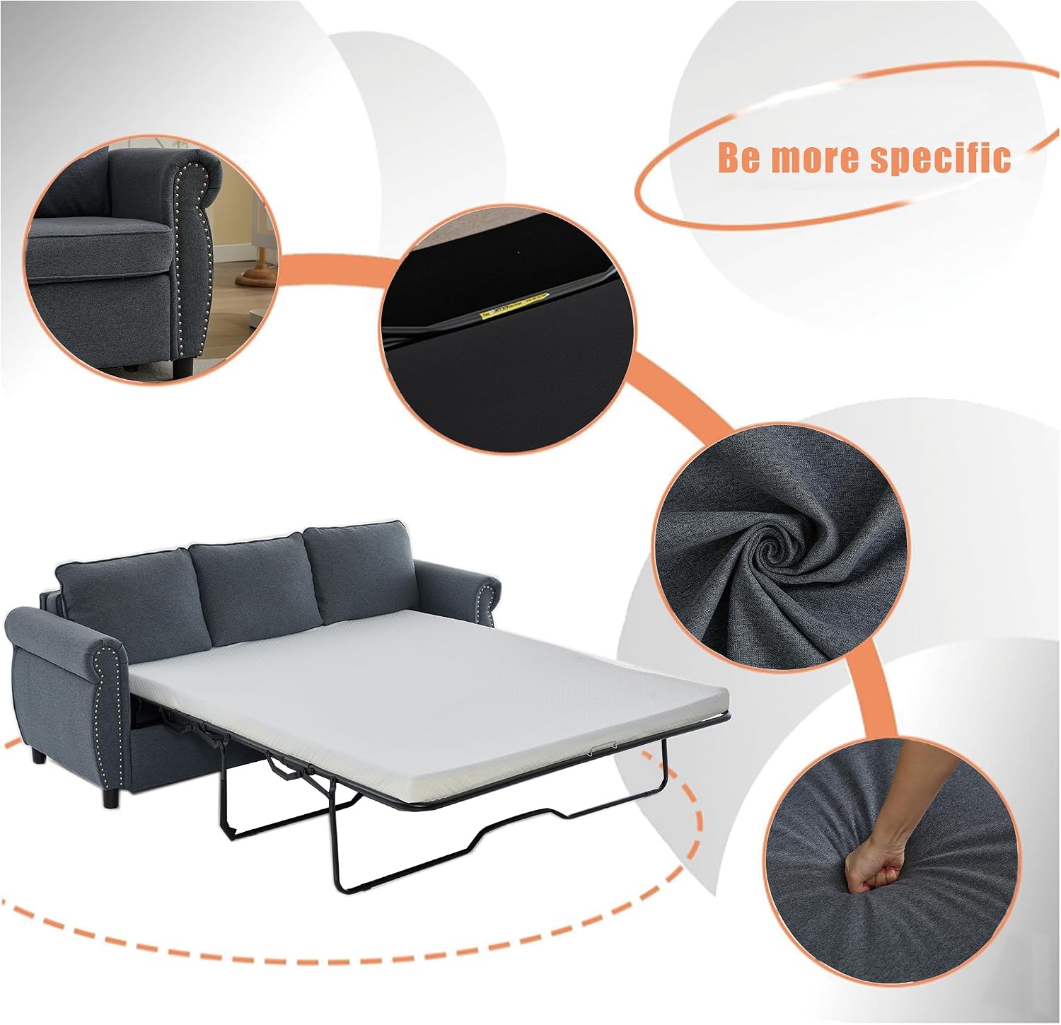 81.5'' Pull Out Couch Queen Size, Convertible Sleeper Sofa Bed, Upholstered Linen 3-Seater Sofa with Pull Out Bed, Mattress, Rivet, Deep Couches for Living Room, Apartment, Dark Grey