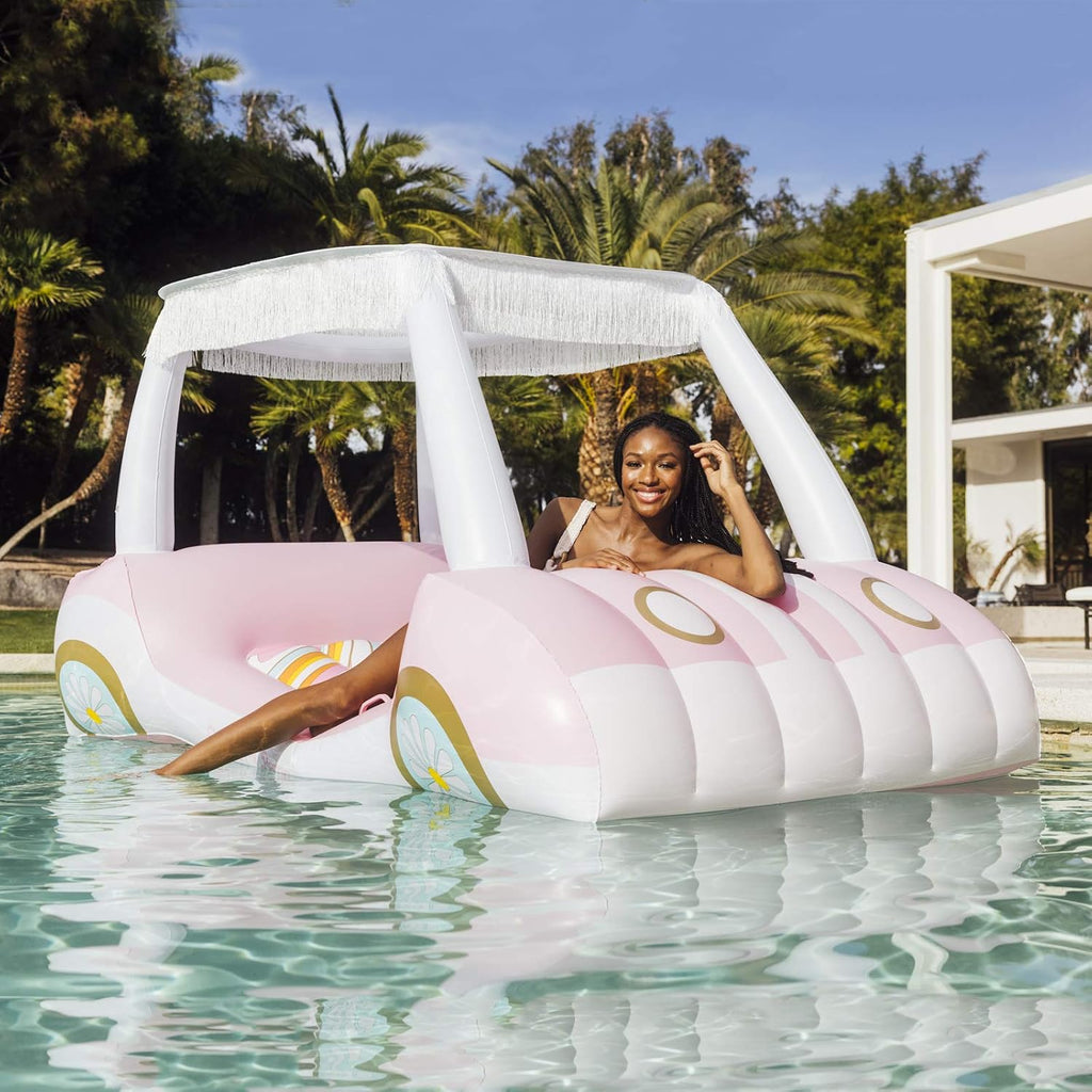 FUNBOY & Malibu Barbie Luxury Inflatable Golf Cart Summer Pool Float + FUNBOY Giant Inflatable Luxury Pink Retro Convertible Classic Sports Car Pool Float