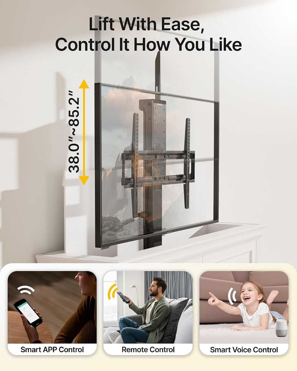 monTEK Motorized TV Lift for 43-88 inch TVs, Ceiling&Vertical TV Lift Mechanism with RF Remote, Smart Phone & Voice Control via WiFi, Up to 132lbs, 4X Load Tested, Max VESA 600 * 400