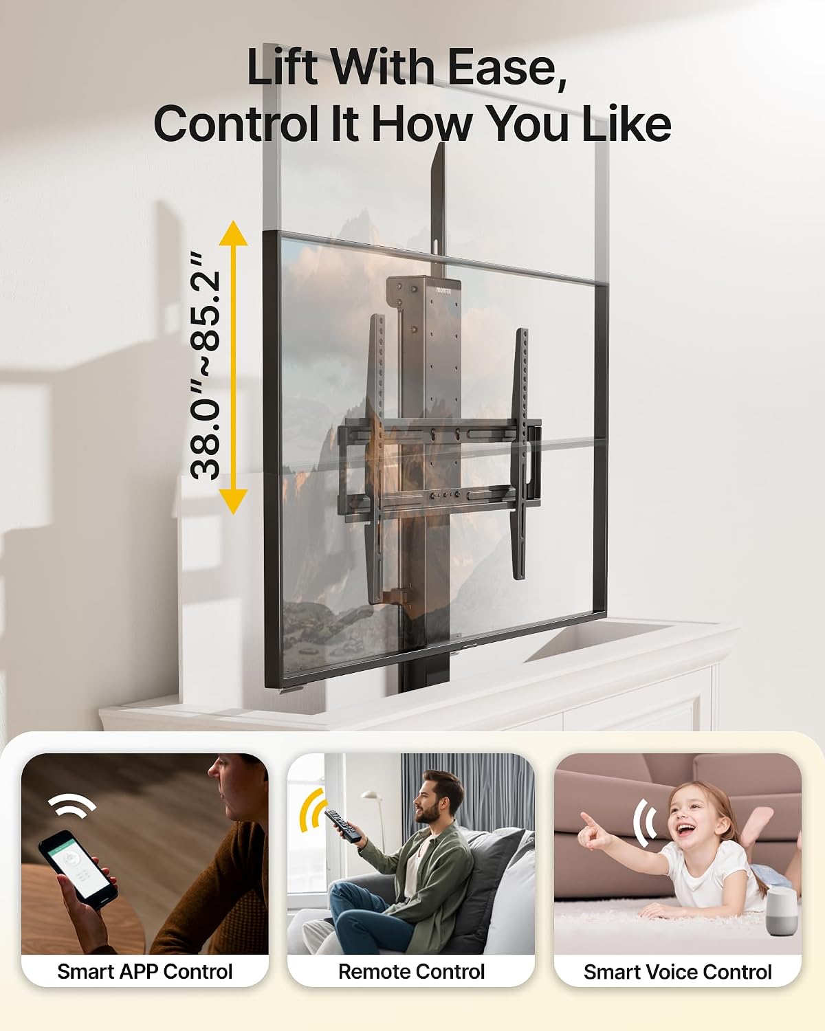 monTEK Motorized TV Lift for 43-88 inch TVs, Ceiling&Vertical TV Lift Mechanism with RF Remote, Smart Phone & Voice Control via WiFi, Up to 132lbs, 4X Load Tested, Max VESA 600 * 400