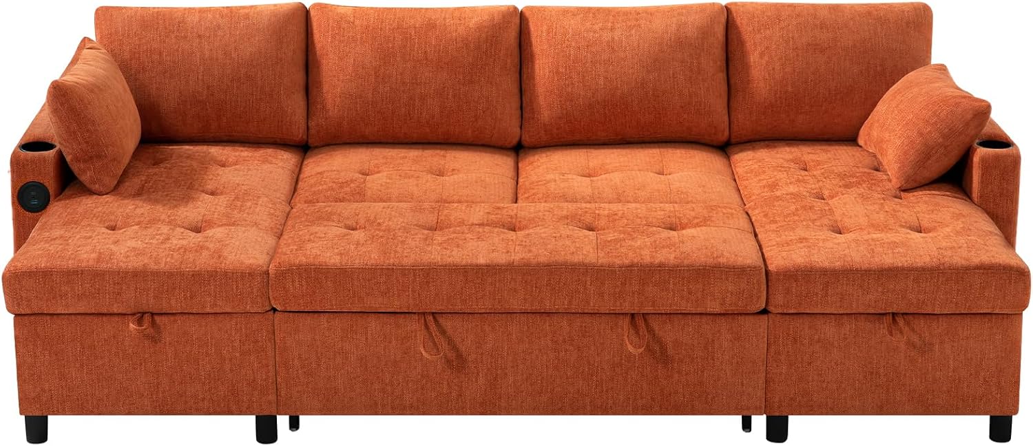 110' Chenille Pull-Out Couch Bed w/Adjustable Backrests, Sectional Sleeper Sofa w/USB Ports & 2 Cup Holders, Upholstered U-Shaped Couch w/Storage Chaise for Living Room, House, Orange