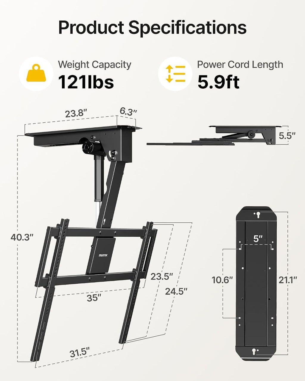 monTEK Motorized Ceiling TV Mount for 43-86 Inch TVs, Heavy-Duty 121lbs (4X Load Tested), Off-Center VESA Compatible, Electric Flip Down with Remote/App/Voice Control, Fits Flat & Pitched Roof