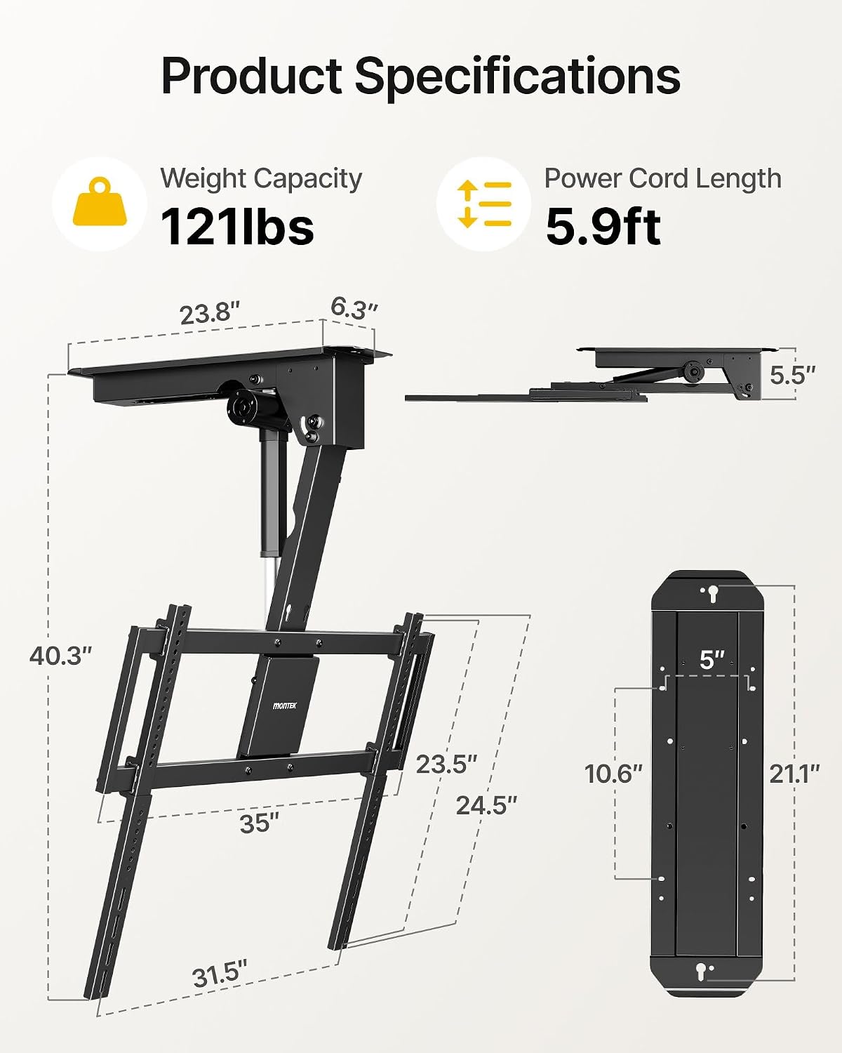monTEK Motorized Ceiling TV Mount for 43-86 Inch TVs, Heavy-Duty 121lbs (4X Load Tested), Off-Center VESA Compatible, Electric Flip Down with Remote/App/Voice Control, Fits Flat & Pitched Roof