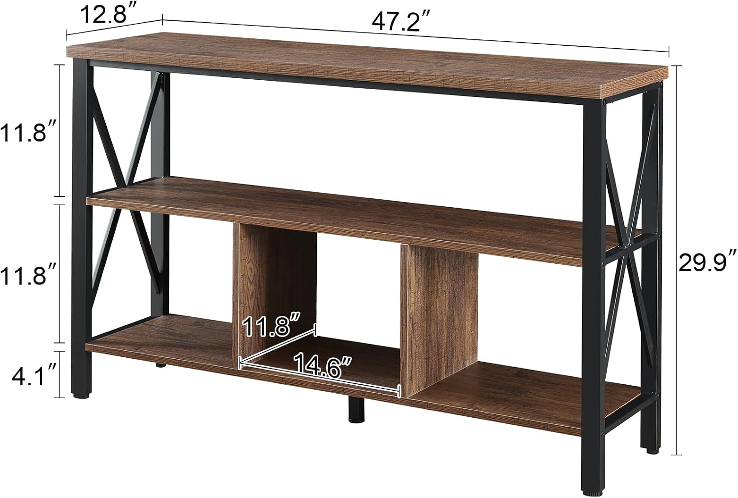 HOMBAZAAR Console Table,Industrial Sofa Table with 3 Cubes,Entryway Table with Engineered Wood and Metal, Rustic 3 Tier Shelf for Hallway,Living Room,Brown,47 Inch