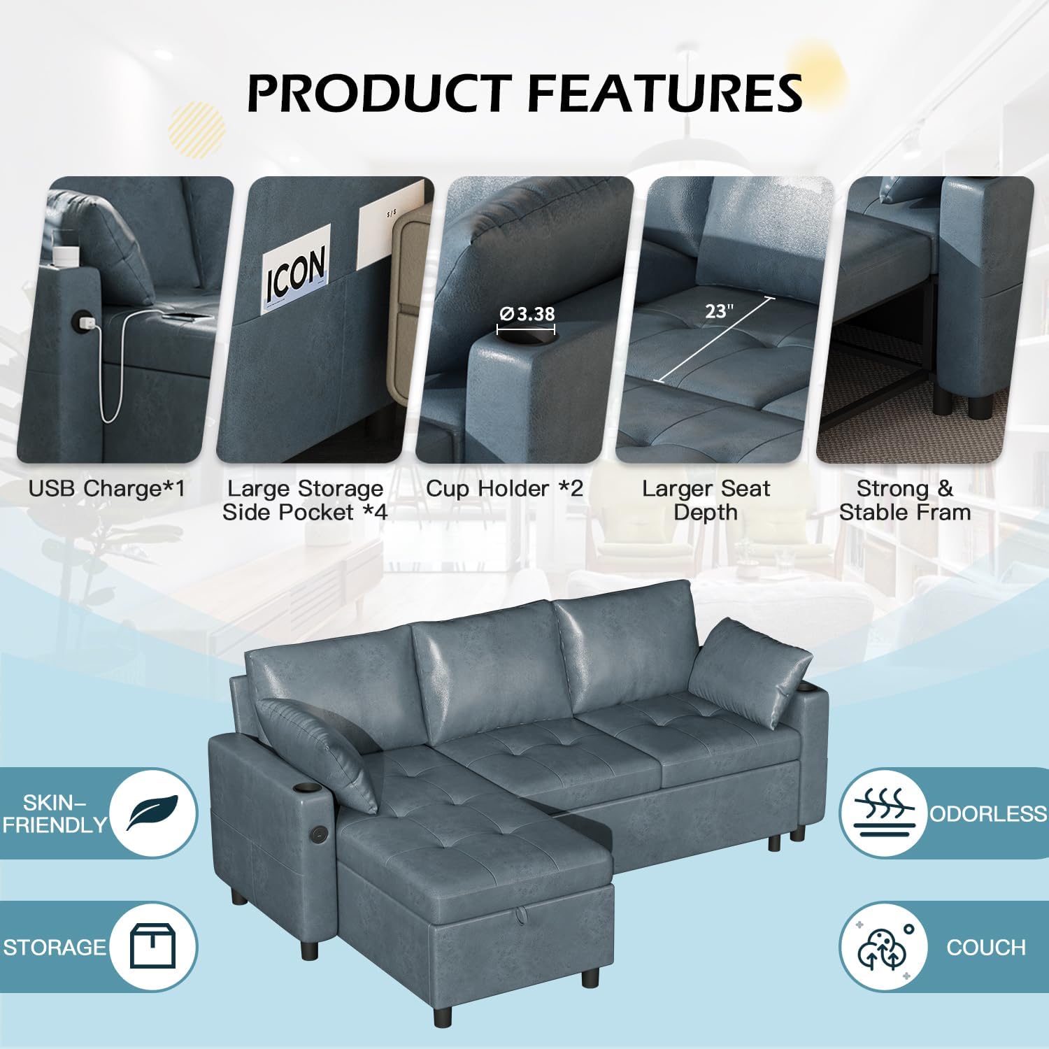 Esright Leather Sleeper Sofa, Pull Out Couch with Reversible Chaise, Suede Leather Sleeper Sofa with Storage, USB, Cup Holder, Pullout Sectional Couches for Living Room Apartment, Blue | Sofa with Storage, Reversible Chaise, USB Port