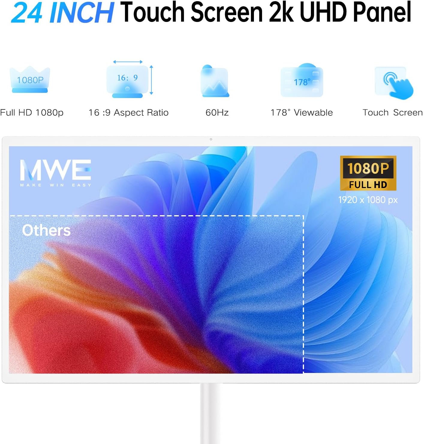 24 Inch Portable TV on Wheels, MWE 2K Smart Touch Screen Rolling TV LCD Display with Wires plugged in use, Android OS, Type-C, USB, HDMI Port, Support Wireless Mouse Keyboard