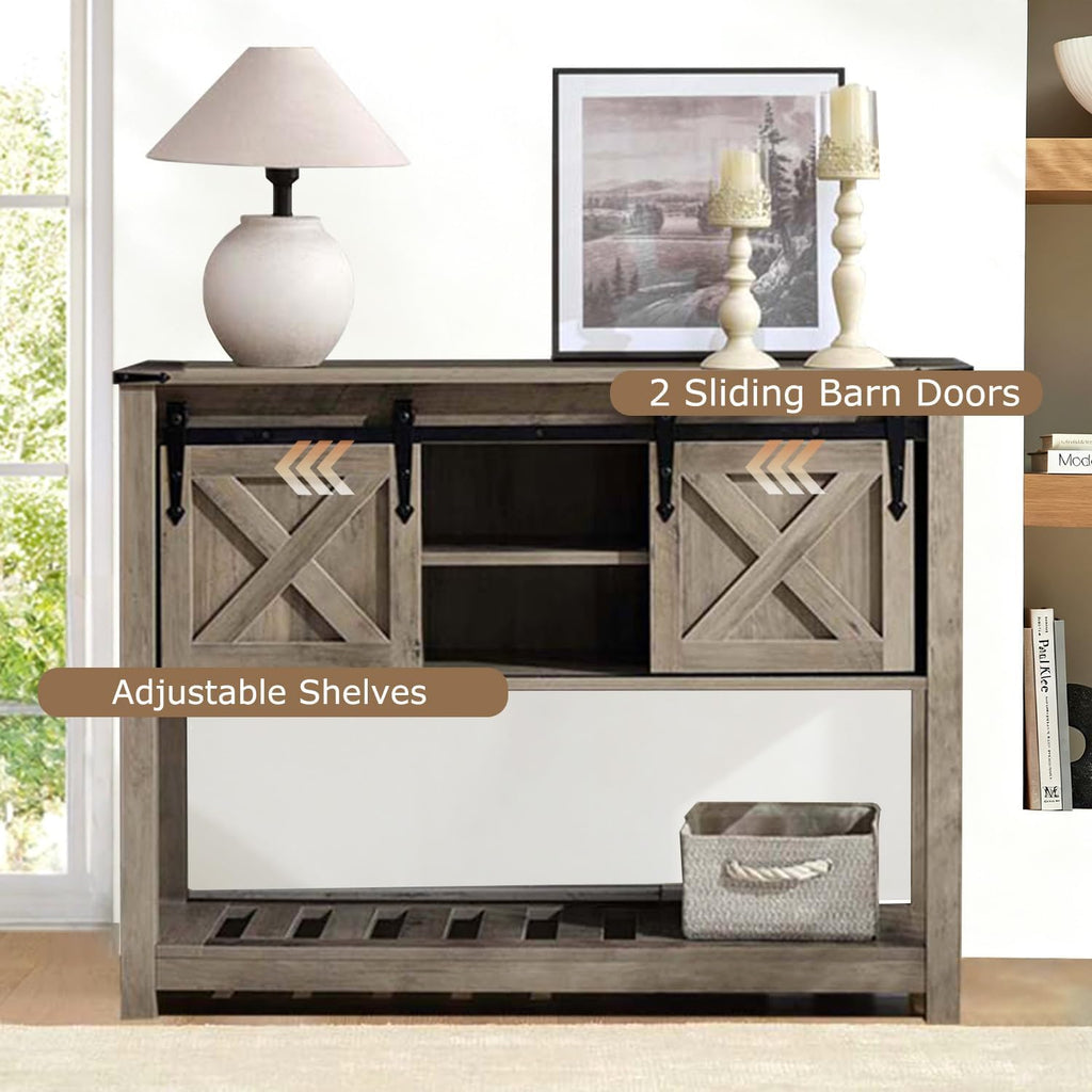 Farmhouse Entryway Table with Sliding Barn Doors, Wood Console Table with Storage Shelf, Rustic Sofa Table for Living Room, Entryway, Foyer, Grey