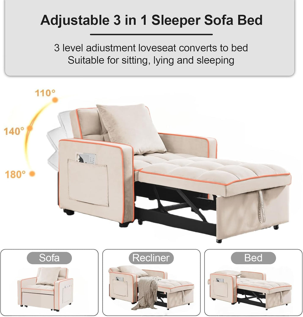 3 in 1 Convertible Sleeper Sofa Chair, 35' Pull Out Sofa Bed Recliner for Adult with Adjustable Backrest, Velvet Fabric Sleeper Couch Single Modern Chair for Living Room Bedroom, Cream White