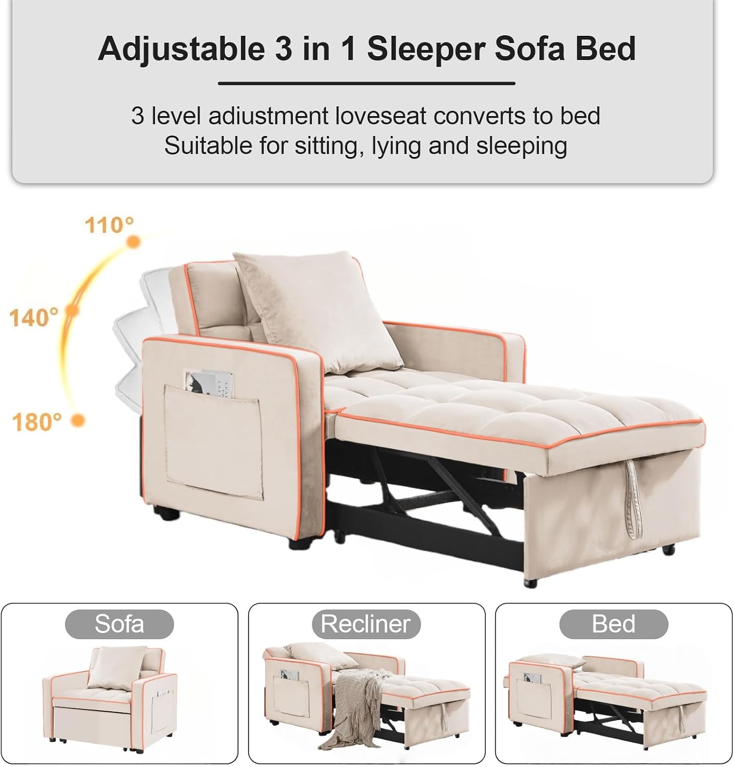 3 in 1 Convertible Sleeper Sofa Chair, 35' Pull Out Sofa Bed Recliner for Adult with Adjustable Backrest, Velvet Fabric Sleeper Couch Single Modern Chair for Living Room Bedroom, Cream White