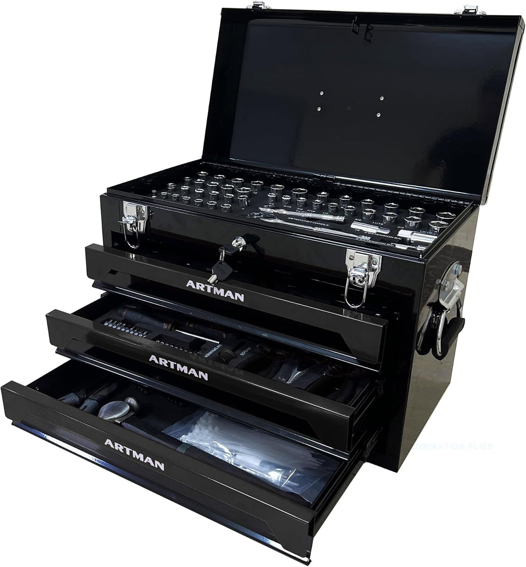 439 Piece Mechanics Tool Set, 3 Drawer Heavy Duty Metal Box with Household Tool Kit, Portable Tool Organizer Case for Auto Repair, Garage, Warehouse, Workshop, Repair Shop (All Black)