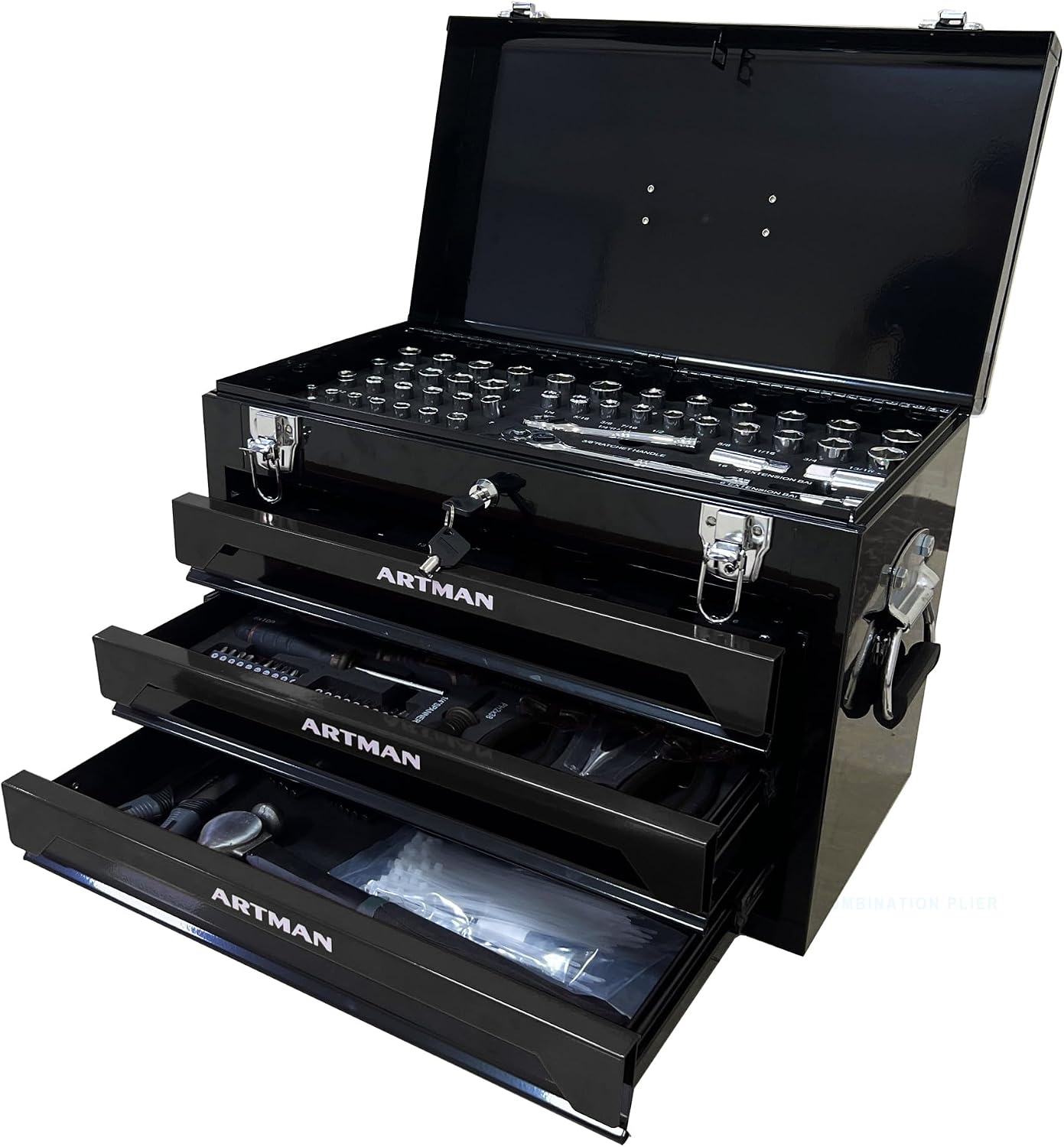 439 Piece Mechanics Tool Set, 3 Drawer Heavy Duty Metal Box with Household Tool Kit, Portable Tool Organizer Case for Auto Repair, Garage, Warehouse, Workshop, Repair Shop (All Black)