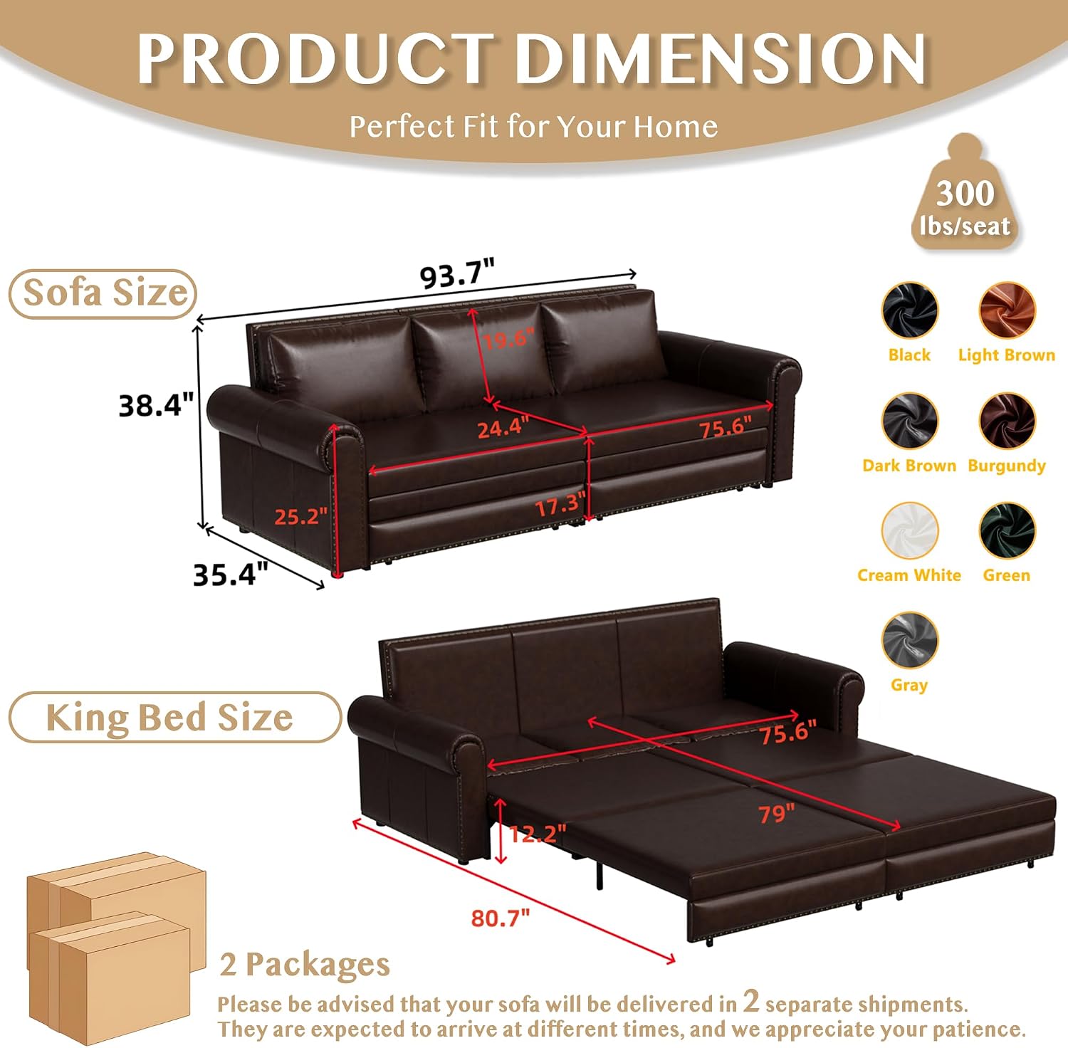 93.7' King Size Sleeper Sofa Bed, Pull Out Sofa Bed, Faux Leather Upholstery, 3 in 1 Convertible Sleeper Couch, Chaise Lounge, Retro Recliner for Living Room, Office, Apartment, Dark Brown